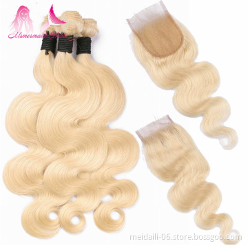 high quality virgin malaysian hair color 613 blonde body wave hair 3 bundles with 4*4 lace closure